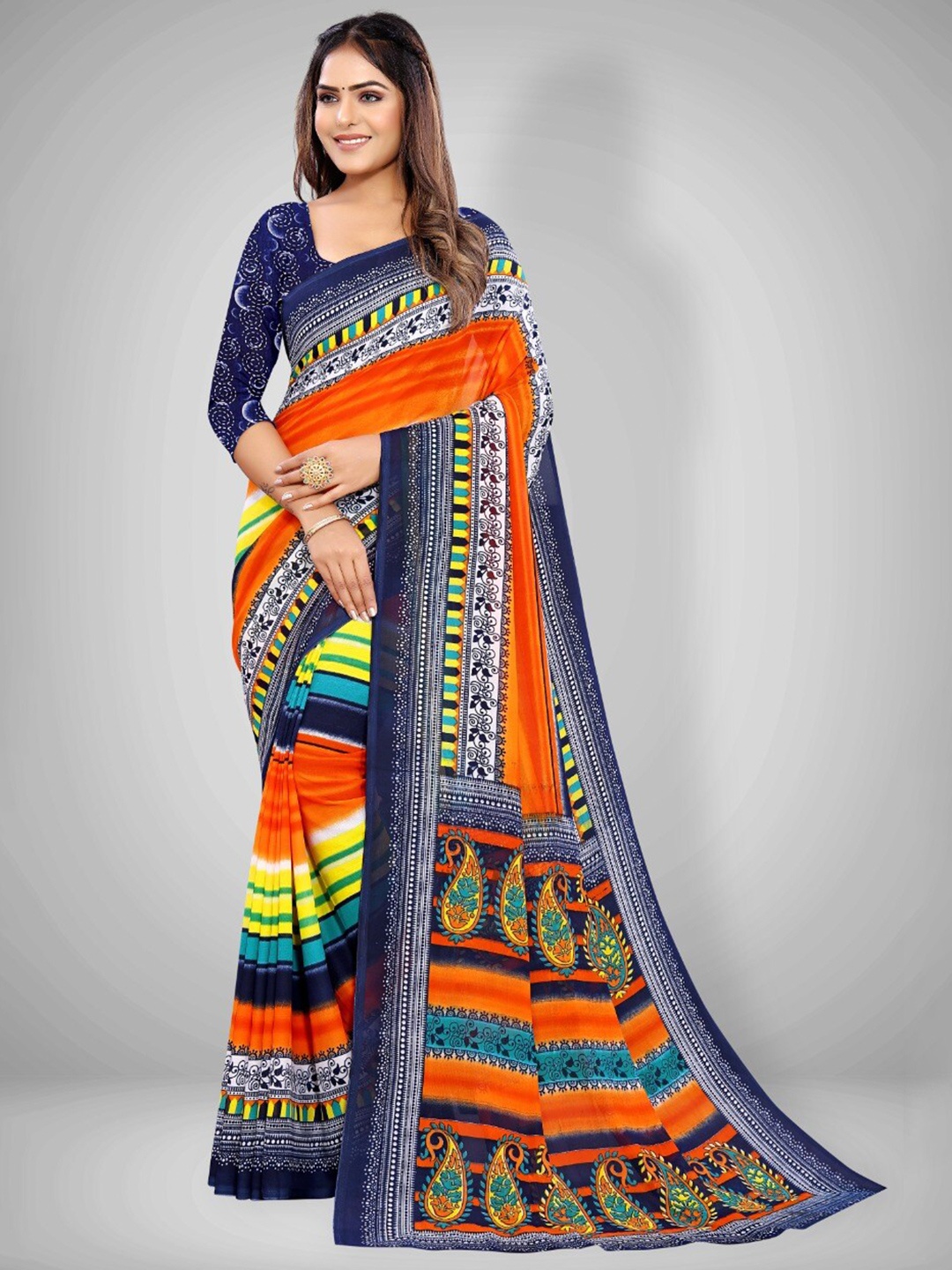 

Abhilasha Orange & Yellow Ethnic Motifs Saree