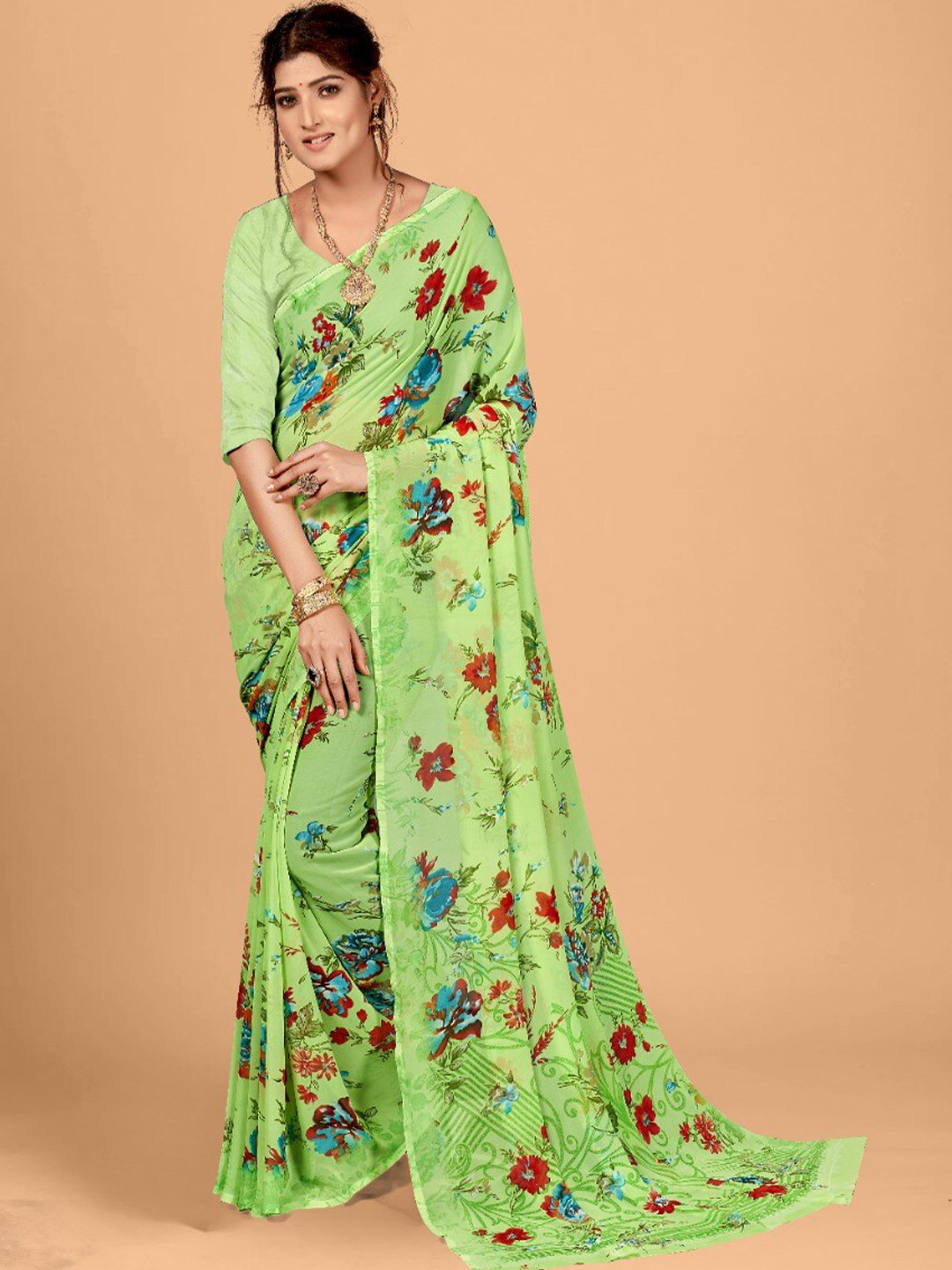 

Abhilasha Lime Green & Blue Floral Pure Georgette Saree