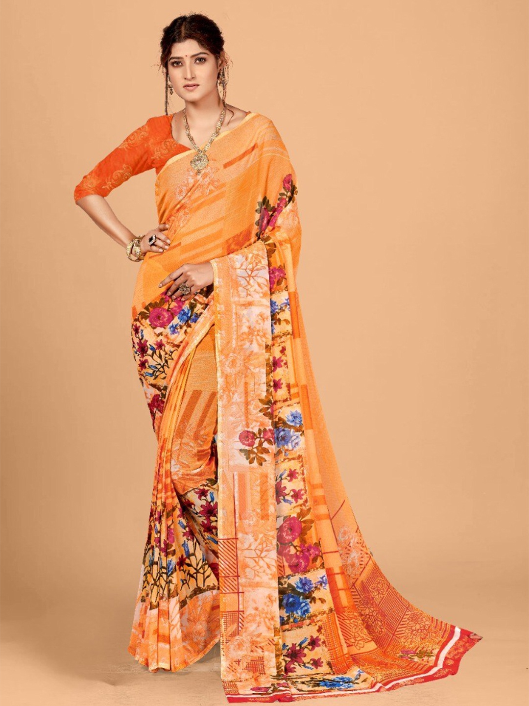 

Abhilasha Orange & Red Floral Pure Georgette Saree