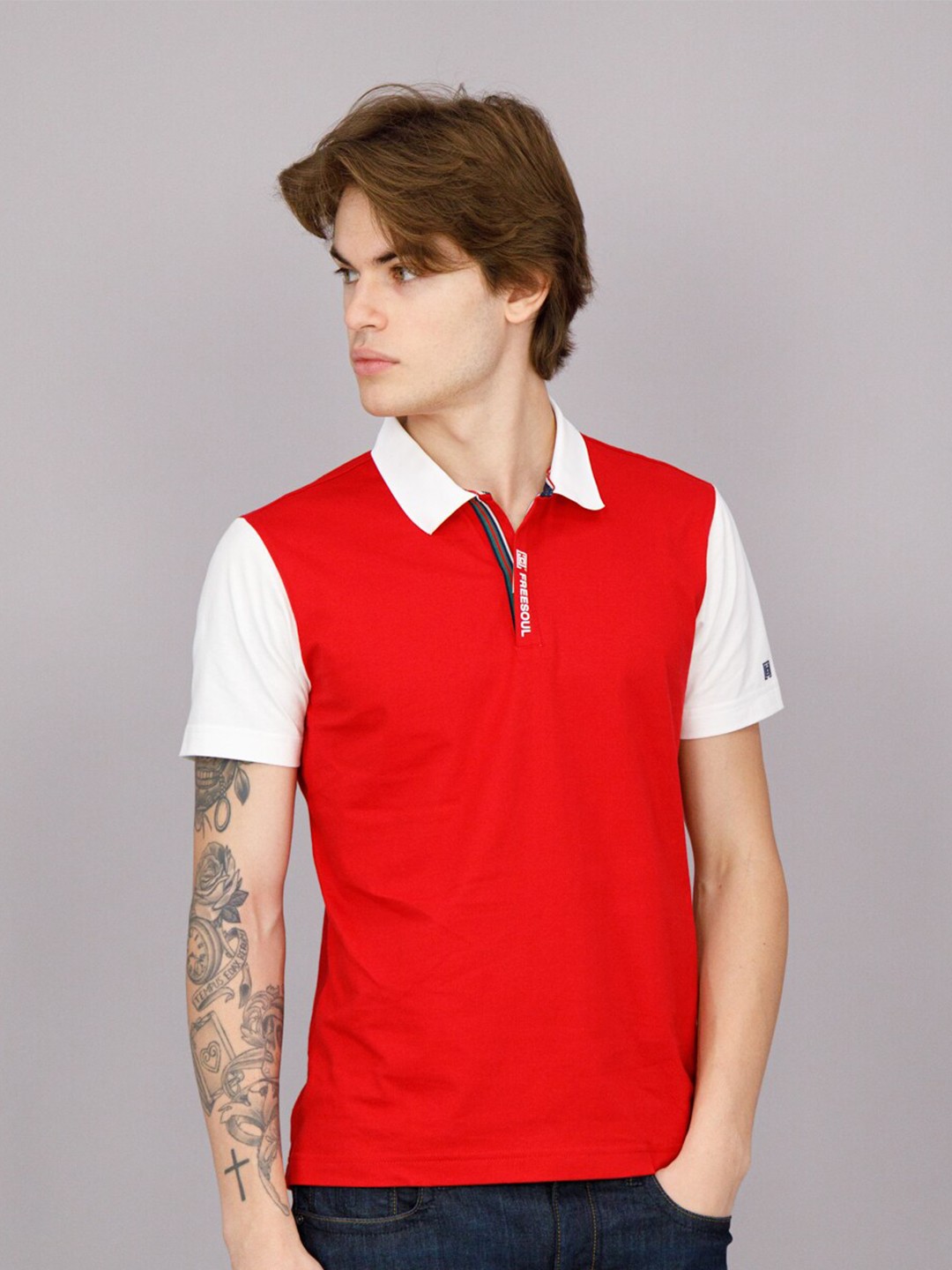 

FREESOUL Men Red Polo Collar T-shirt