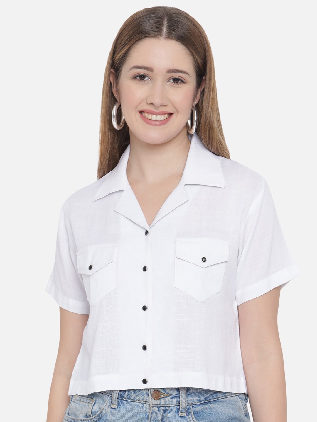 

Indietoga Women Plus Size White Cotton Linen Casual Crop Shirt