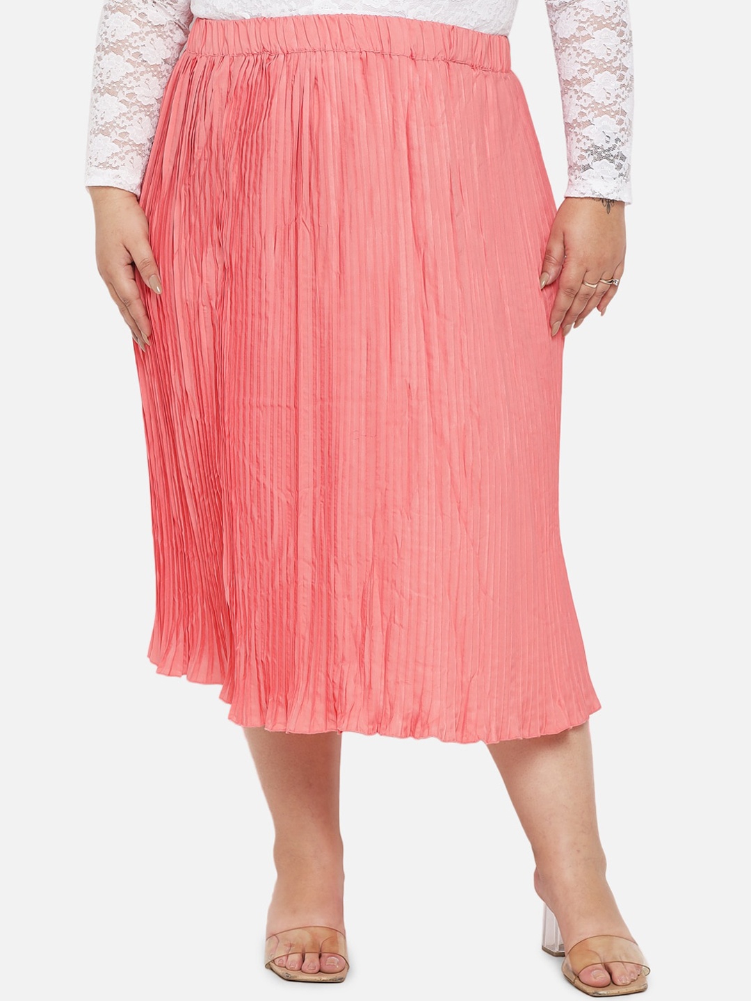 

Indietoga Women Plus Size Peach Accordian Pleated Solid A-Line Skirt