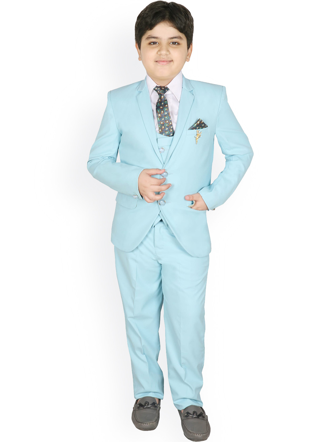 

SG YUVRAJ Boys Set Of 5 Turquoise Blue Solid Single-Breasted Suit Set
