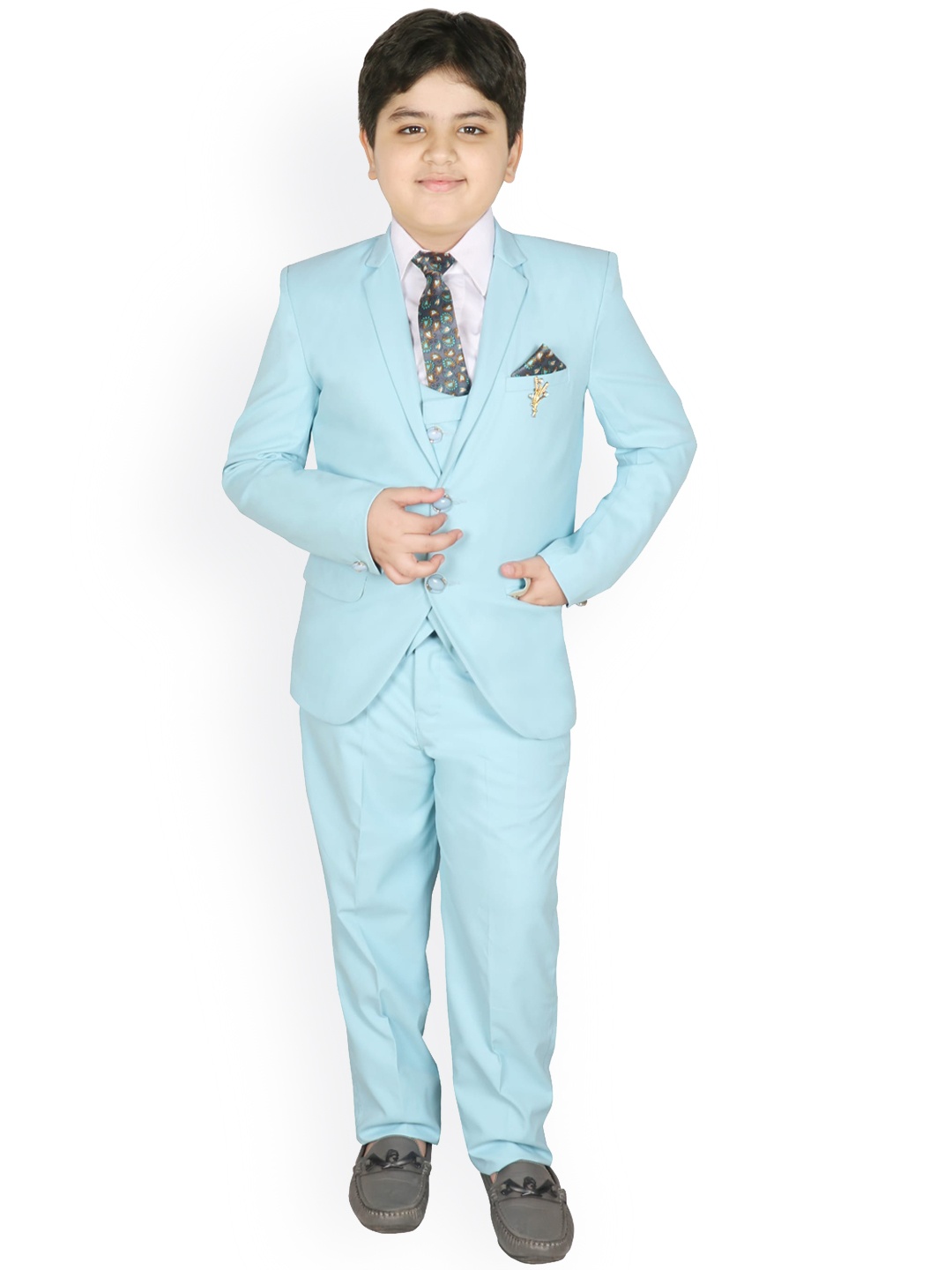 

SG YUVRAJ Boys Turquoise Blue Solid 5-Piece Single-Breasted Partywear Suit