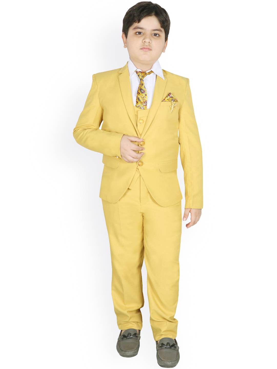 

SG YUVRAJ Boys Yellow & White Solid Single Breasted 5 Piece Suits