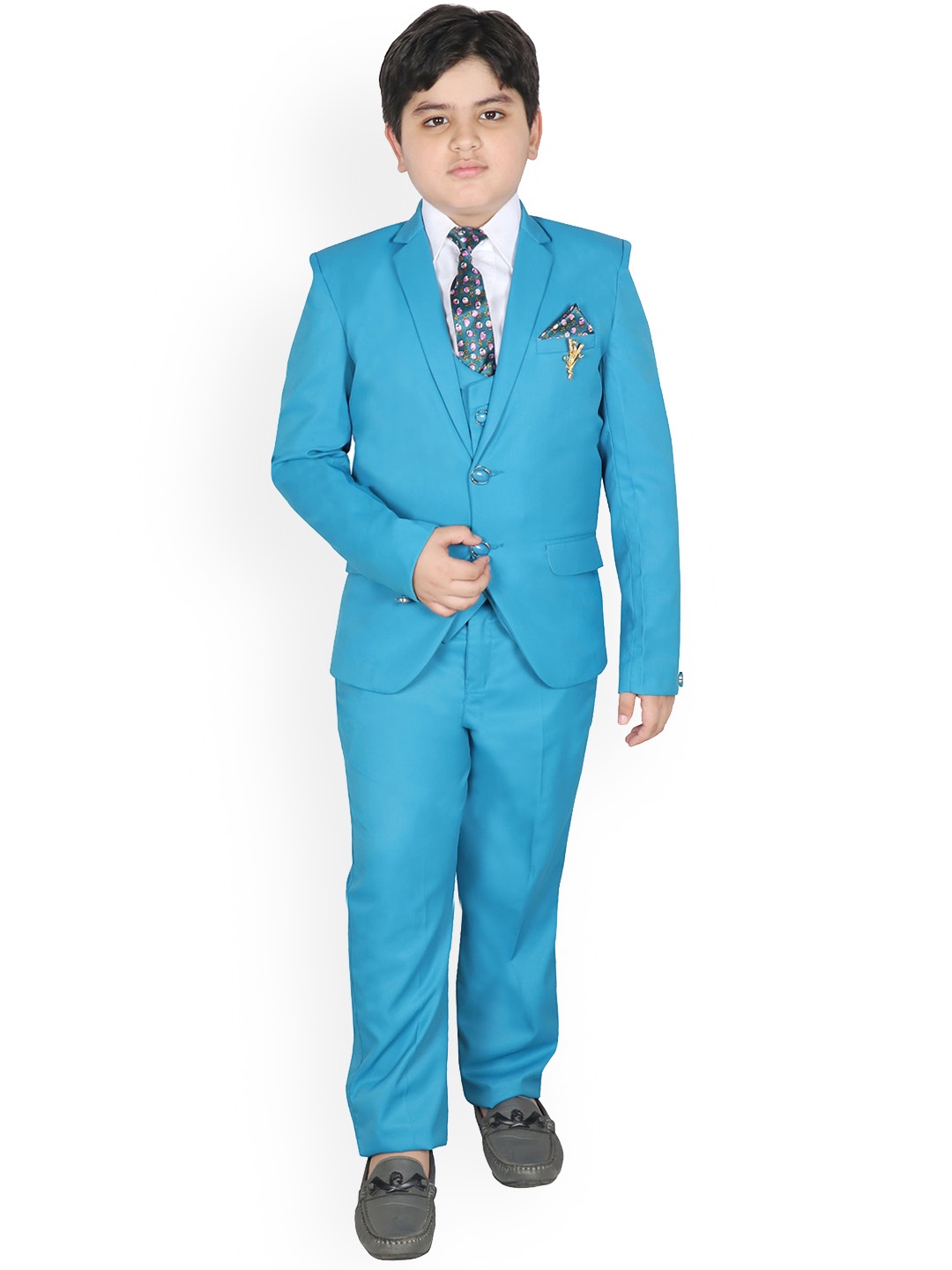 

SG YUVRAJ Boys Teal Solid 5-Piece Single-Breasted Partywear Suit