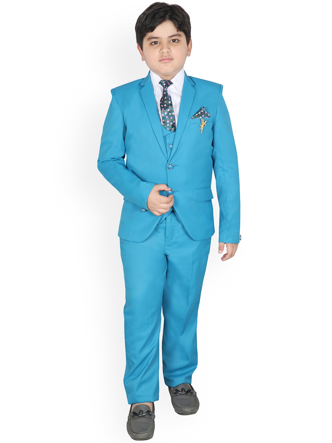 

SG YUVRAJ Boys Teal Blue Solid Single-Breasted 5-Piece Suit Set