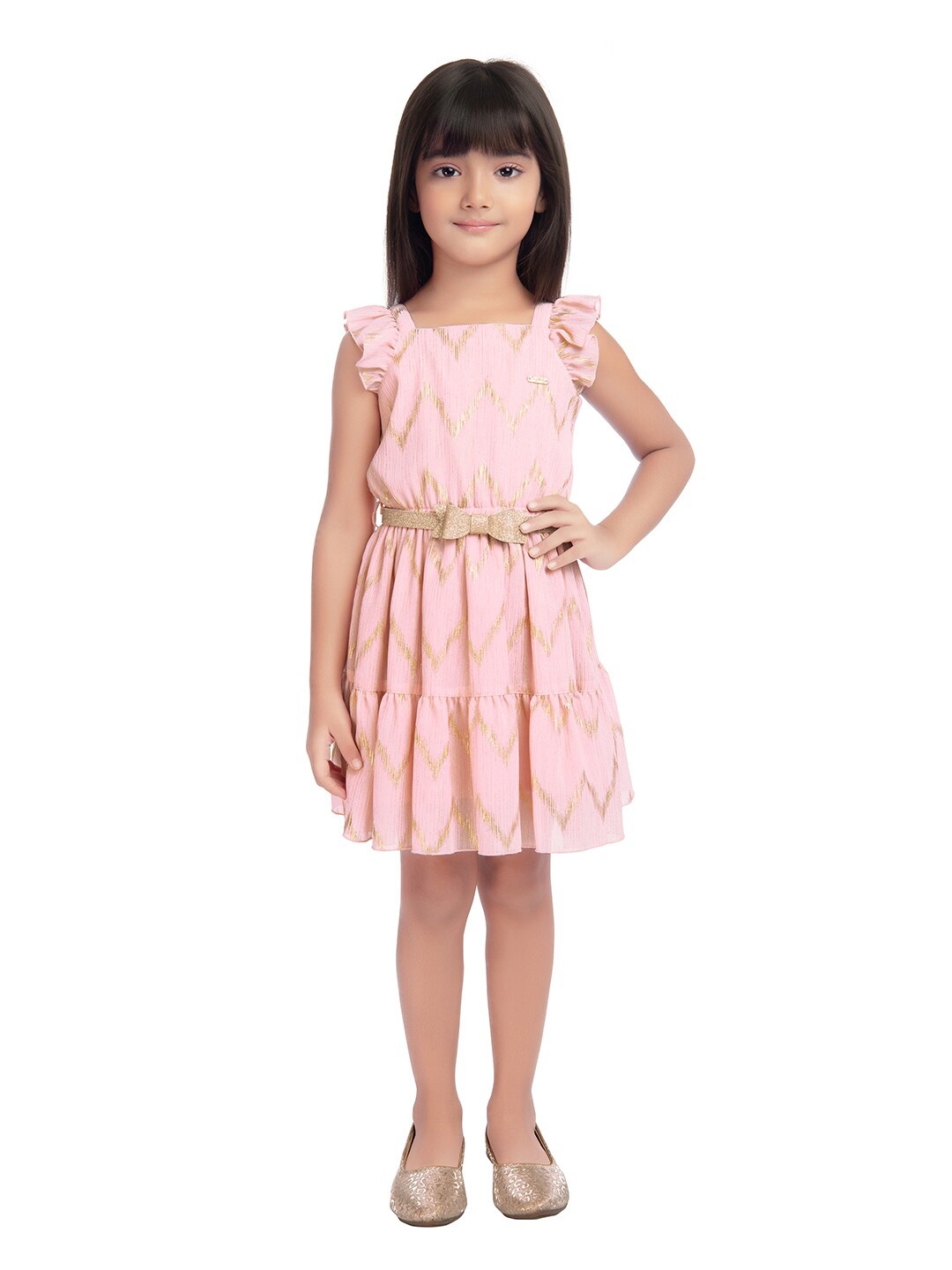 

Tiny Baby Girls Floral Satin Dress with Belt, Peach