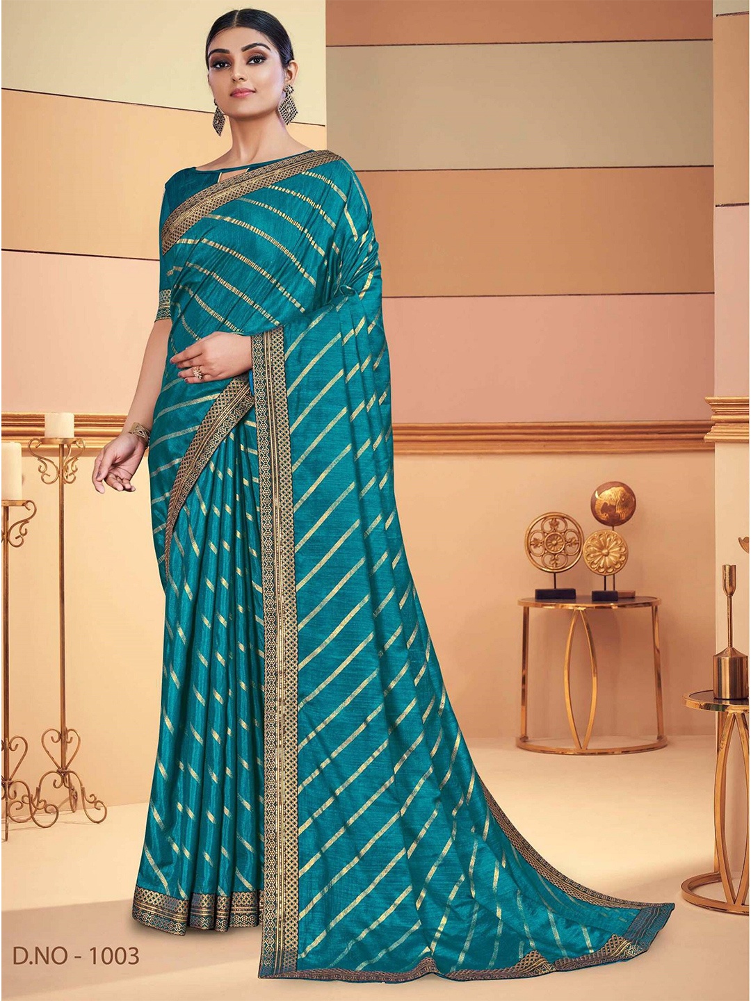 

TEREZA Teal & Gold-Toned Leheriya Silk Blend Leheriya Saree