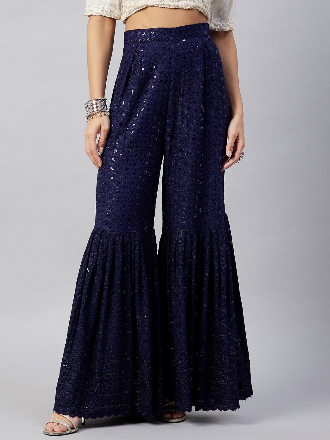 

InWeave Women Blue & Silver-Toned Floral Embellished Flared Palazzos