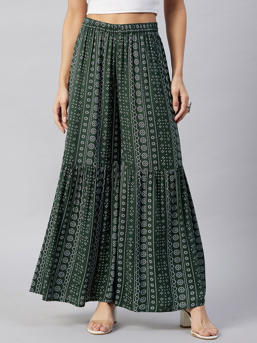 

InWeave Women Green & White Printed Flared Palazzos