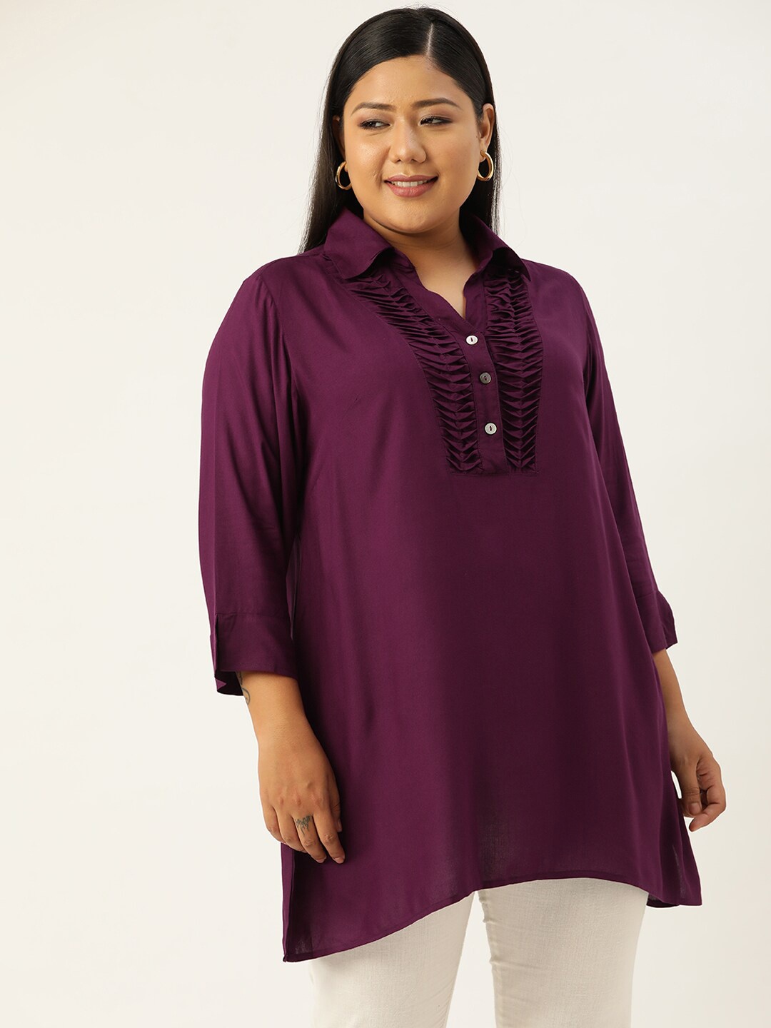 

theRebelinme Plus Size Women Burgundy Viscose Rayon Shirt Collar Tunic