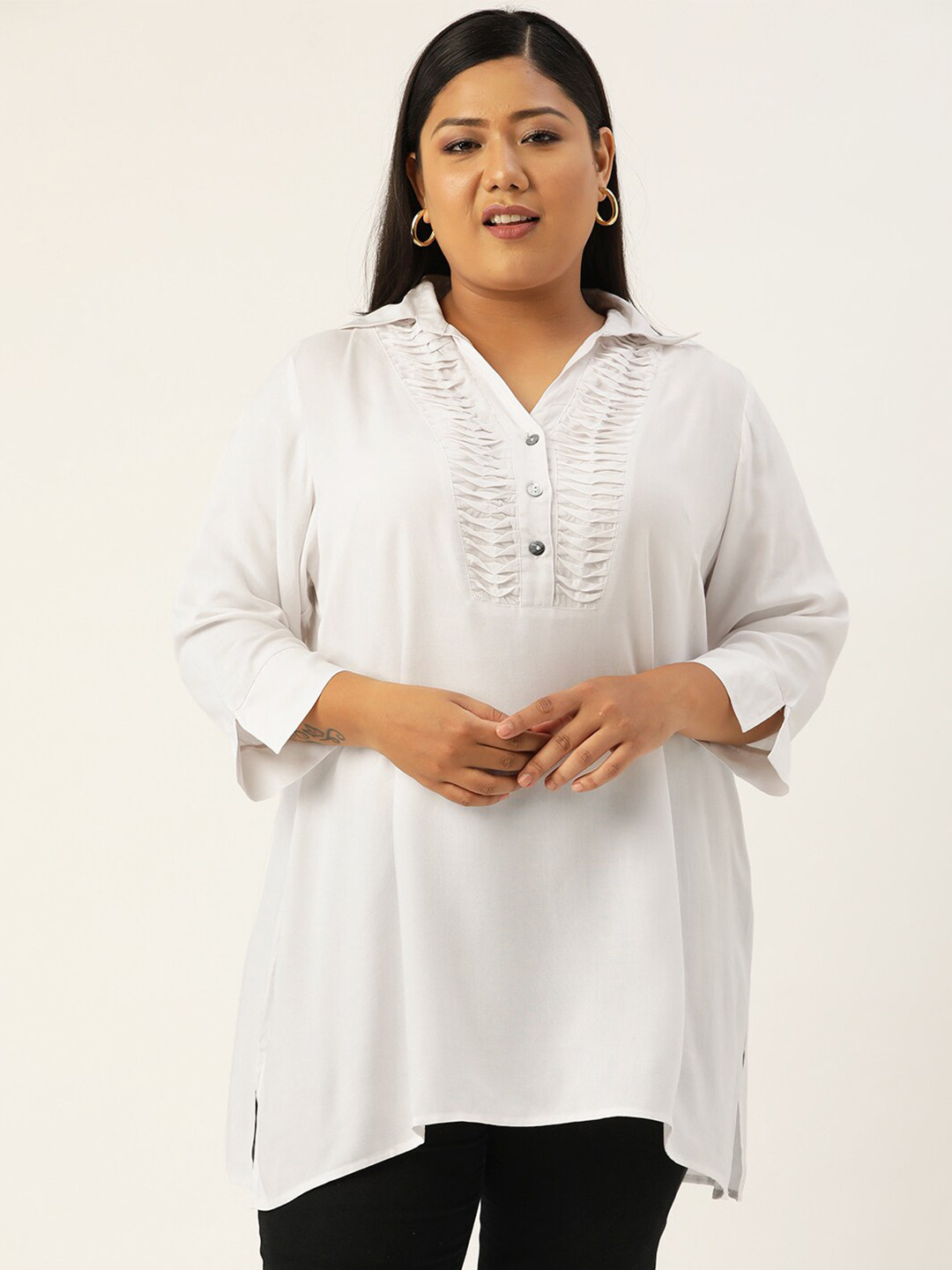 

TheRebelinme Plus Size White Shirt Collar Cotton Tunic