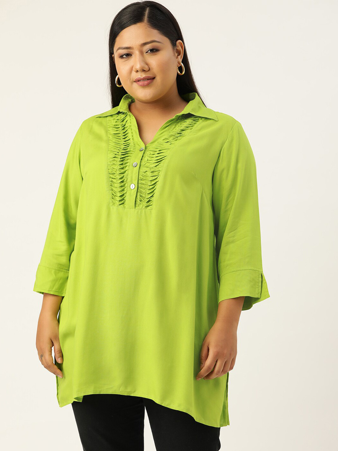 

theRebelinme Women's Green Plus Size Shirt Collar Tunic
