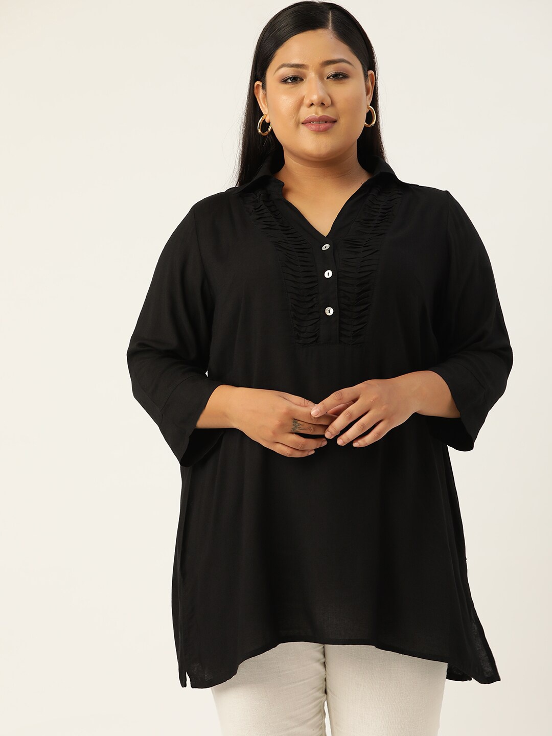 

theRebelinme Plus Size Women Black Shirt Collar Tunic
