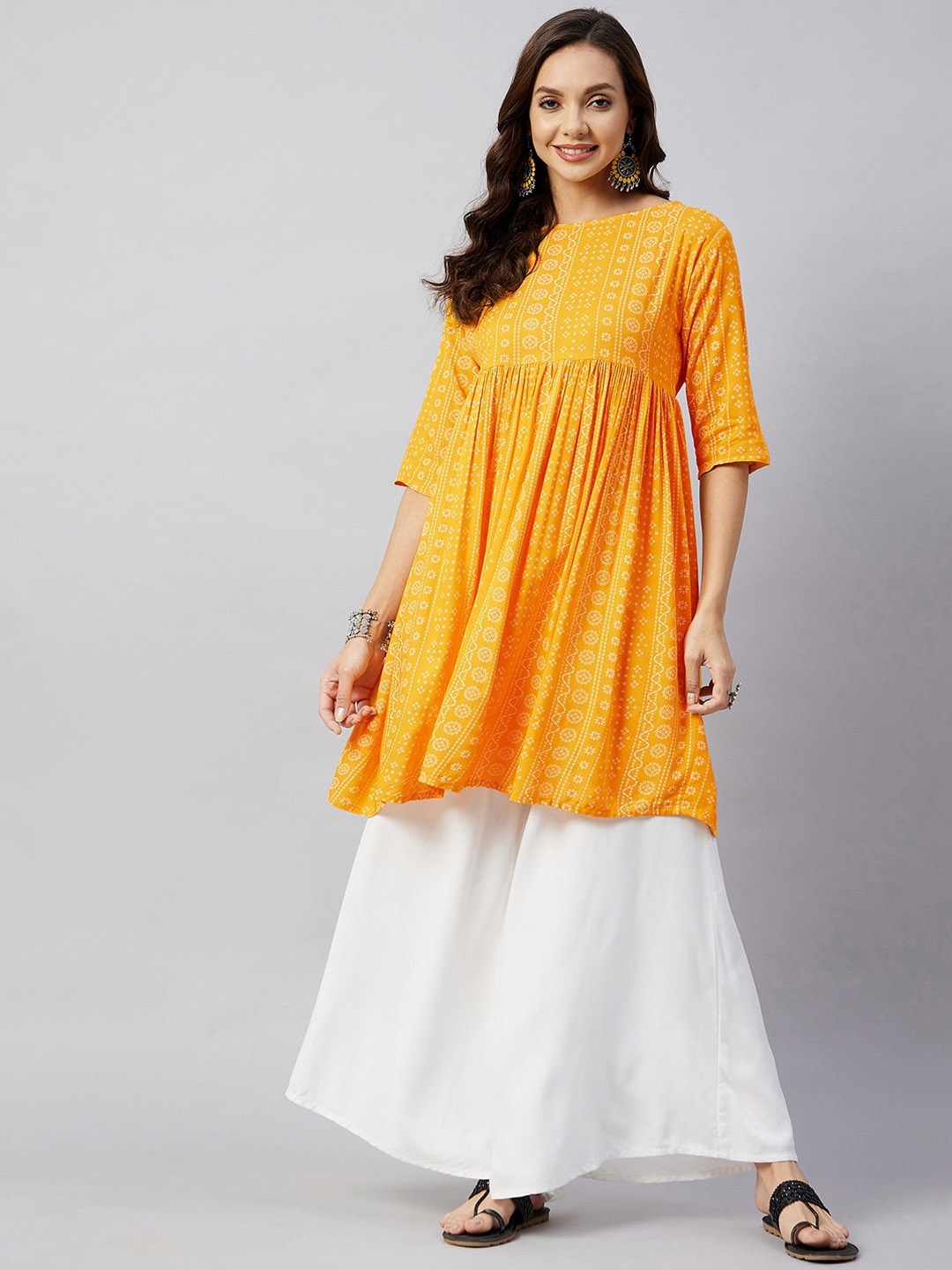 

InWeave Women Yellow Bandhani Printed Anarkali Kurta