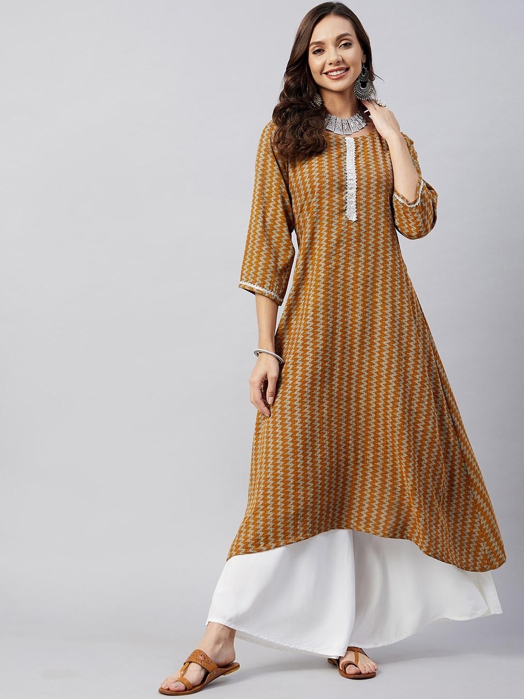 

InWeave Women Mustard & Grey Chevron Printed A-Line Kurta