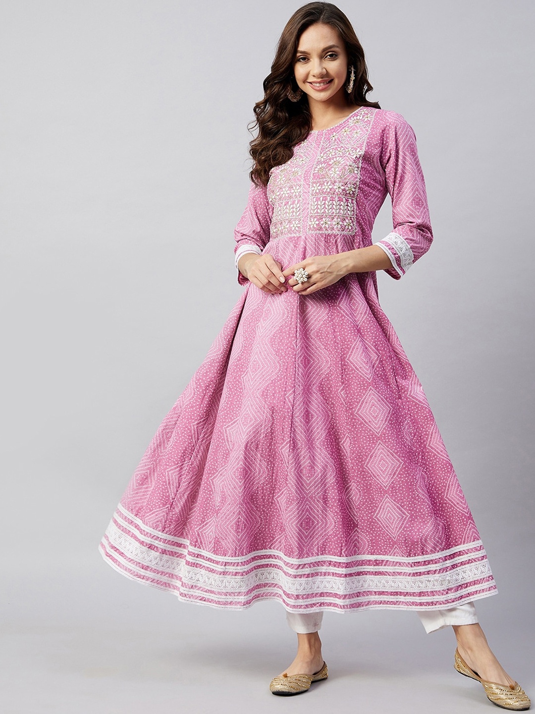 

InWeave Women Pink & White Yoke Design Mirror Work Anarkali Kurta