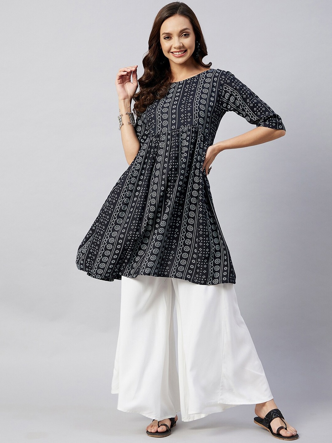 

InWeave Women Black & White Printed Anarkali Kurta