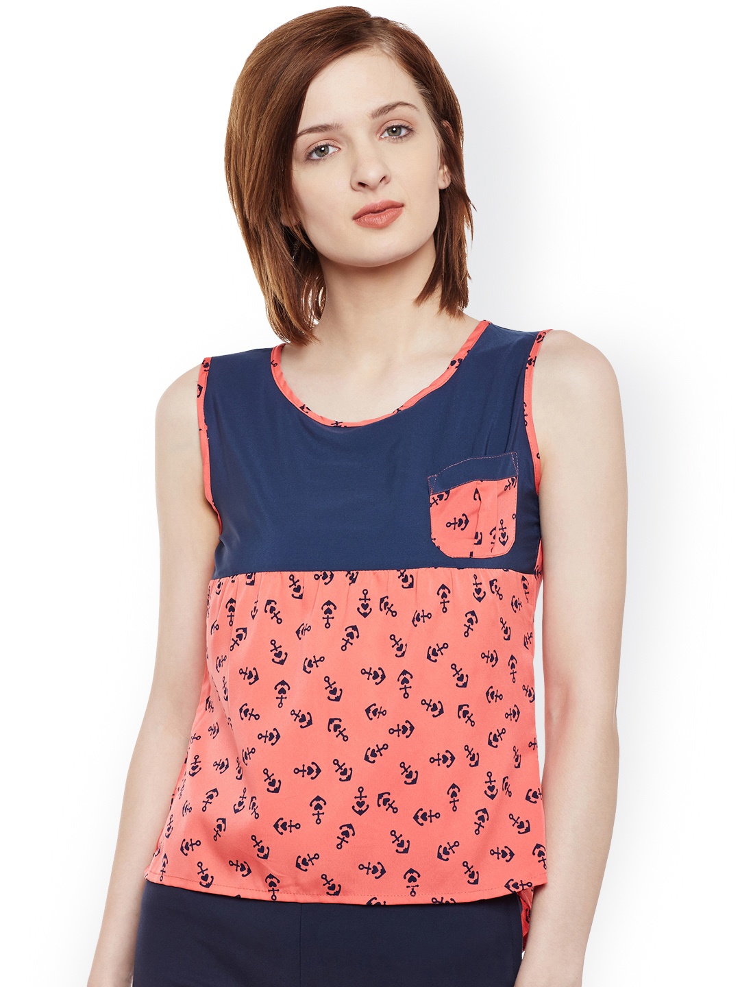 

Belle Fille Women Orange & Navy Printed High-Low Top