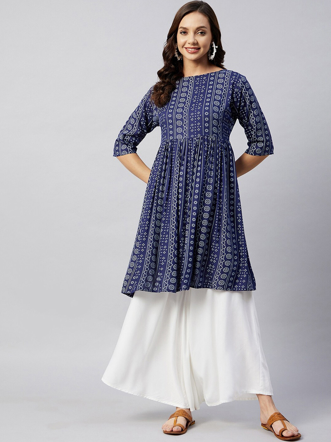 

InWeave Women Blue & White Bandhani Printed Anarkali Kurta