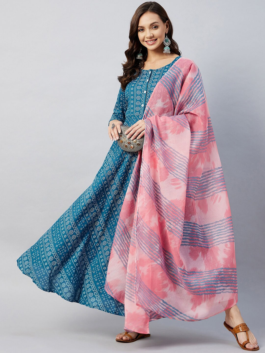 

InWeave Women Blue Bandhani Printed Anarkali Kurta