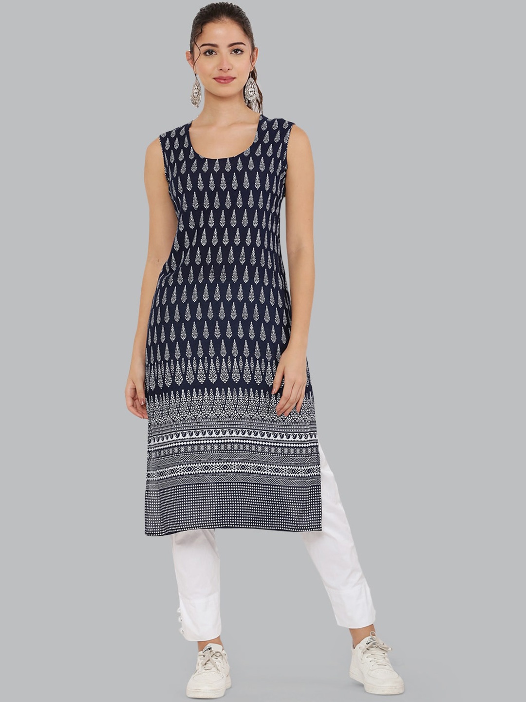 

DEGE Women Navy Blue Ethnic Motifs Printed Block Print Kurta