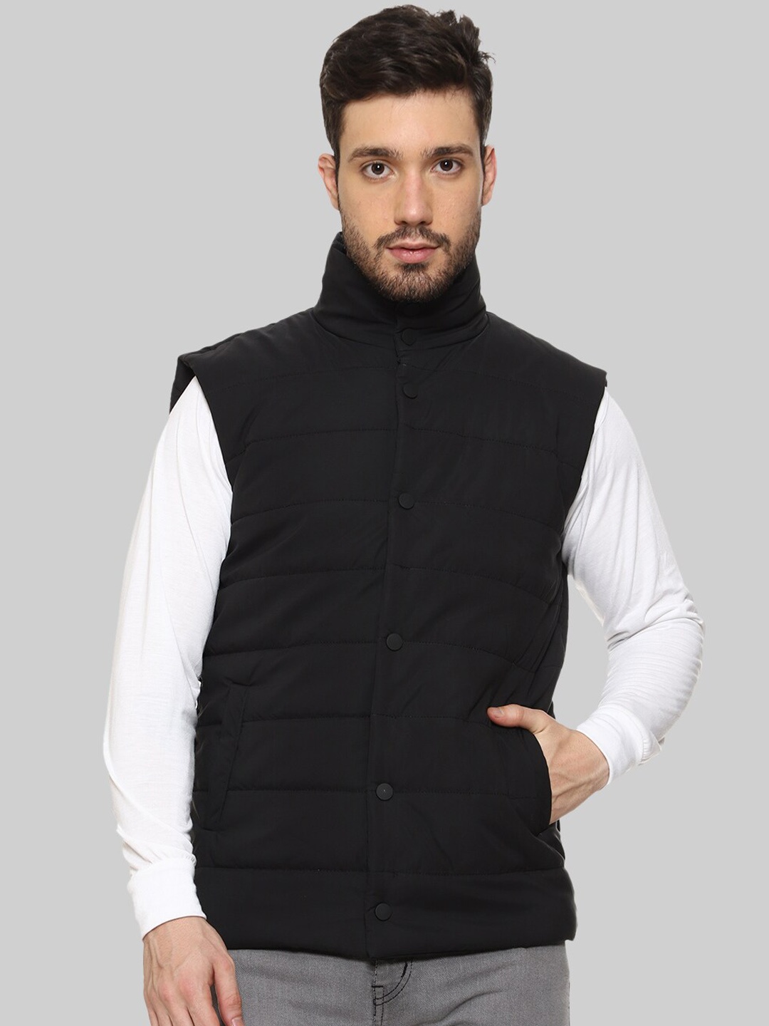 

Mark Leute Men Black Camouflage Striped Puffer Jacket