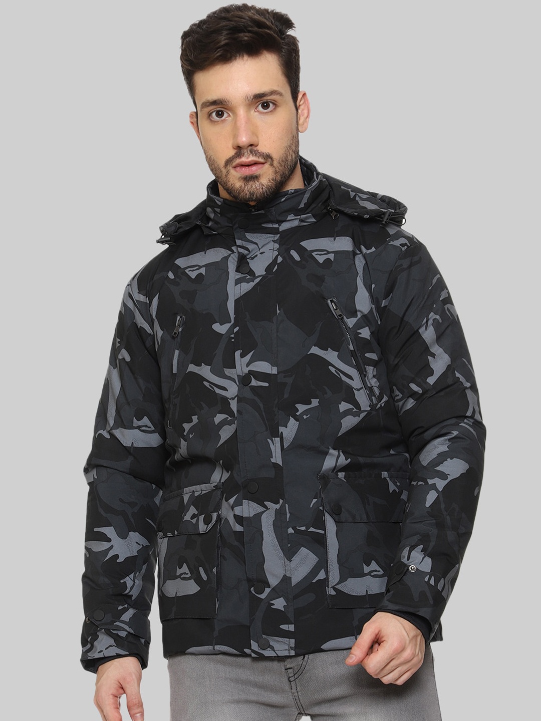 

Mark Leute Men Grey Black Camouflage Outdoor Sporty Jacket