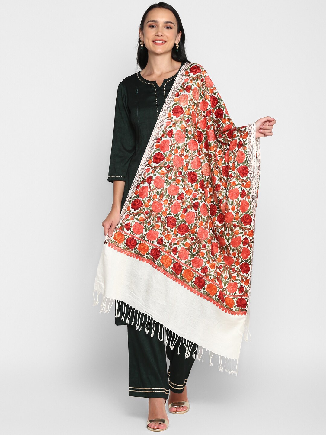 

Zamour Women White & Red Embroidered Stole