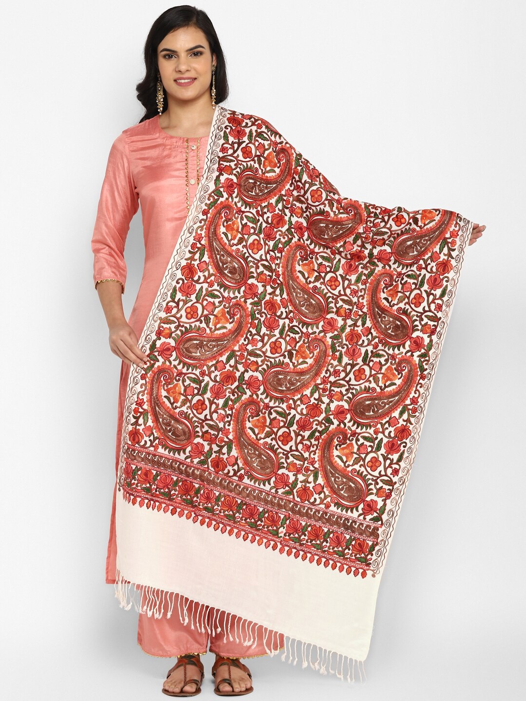 

Zamour Women White & Red Embroidered Stole