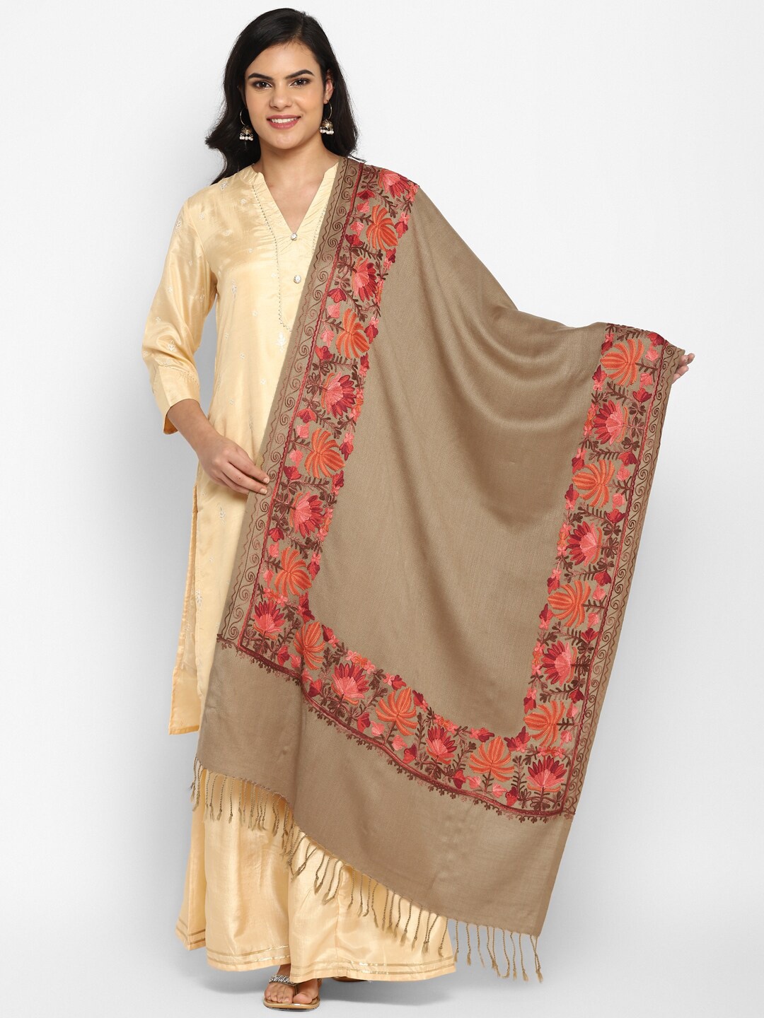 

Zamour Women Brown Embroidered Kashmiri Stole