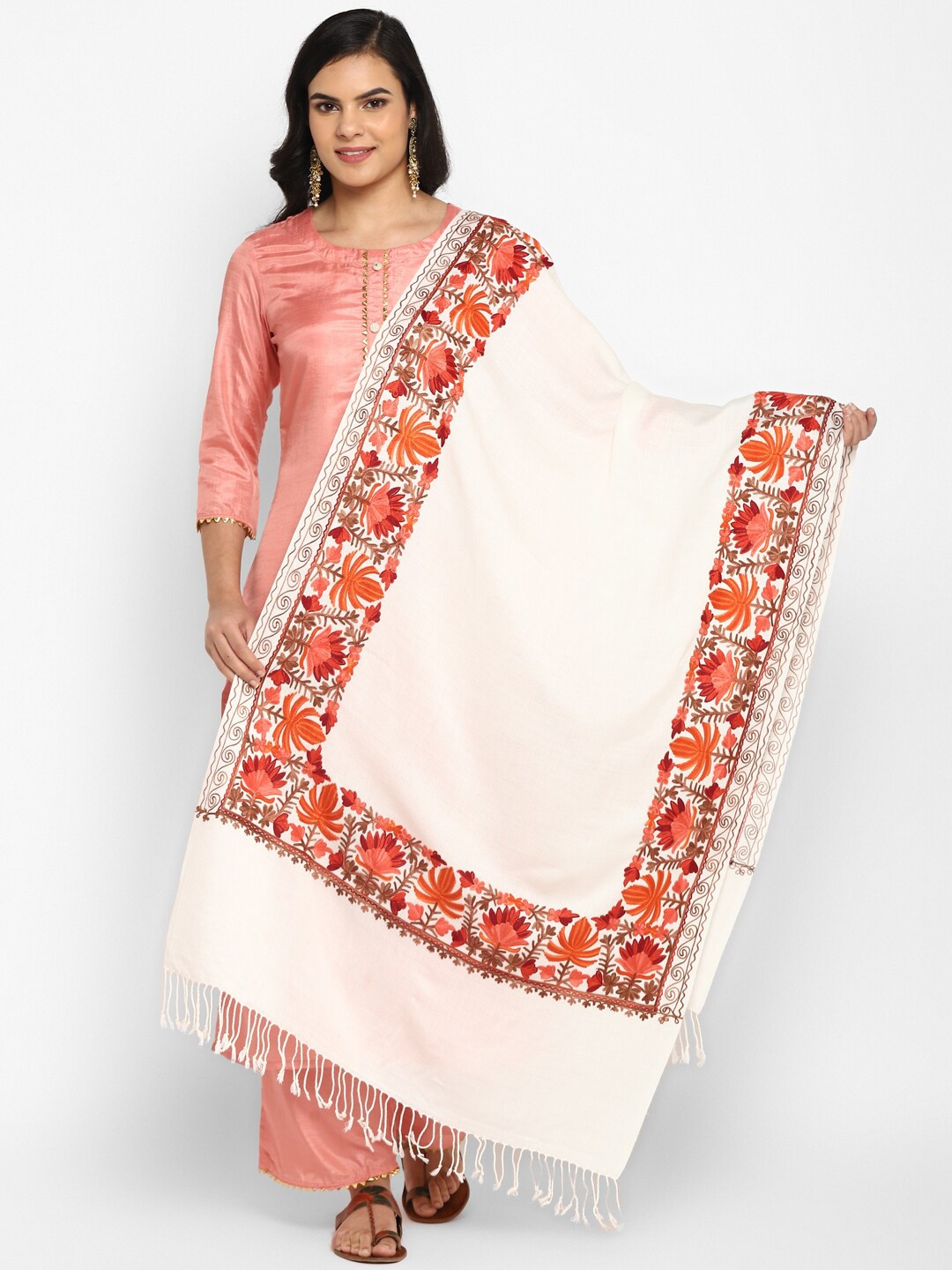 

Zamour Women White & Orange Embroidered Stole