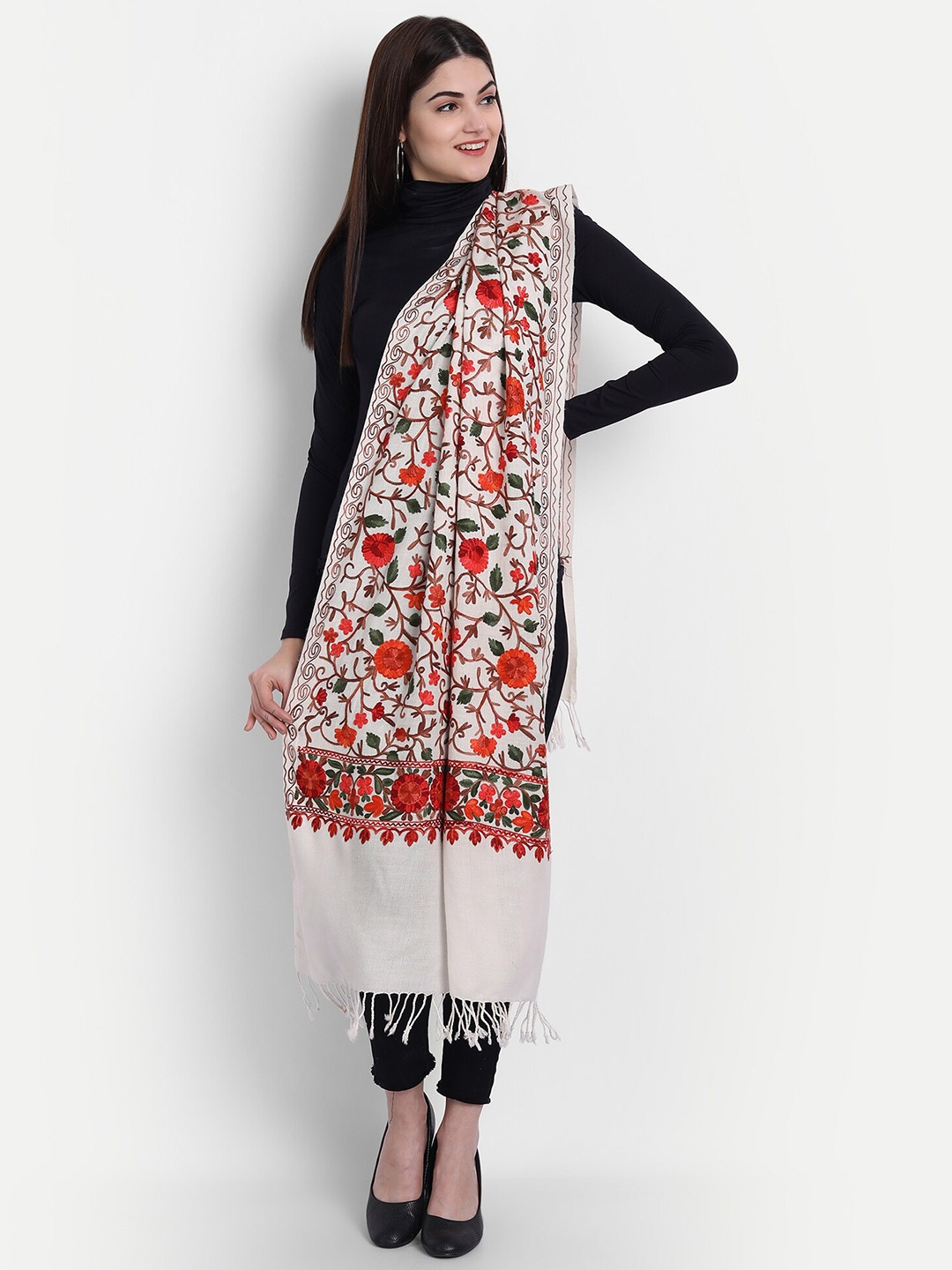 

Zamour Women White & Red Embroidered Stole