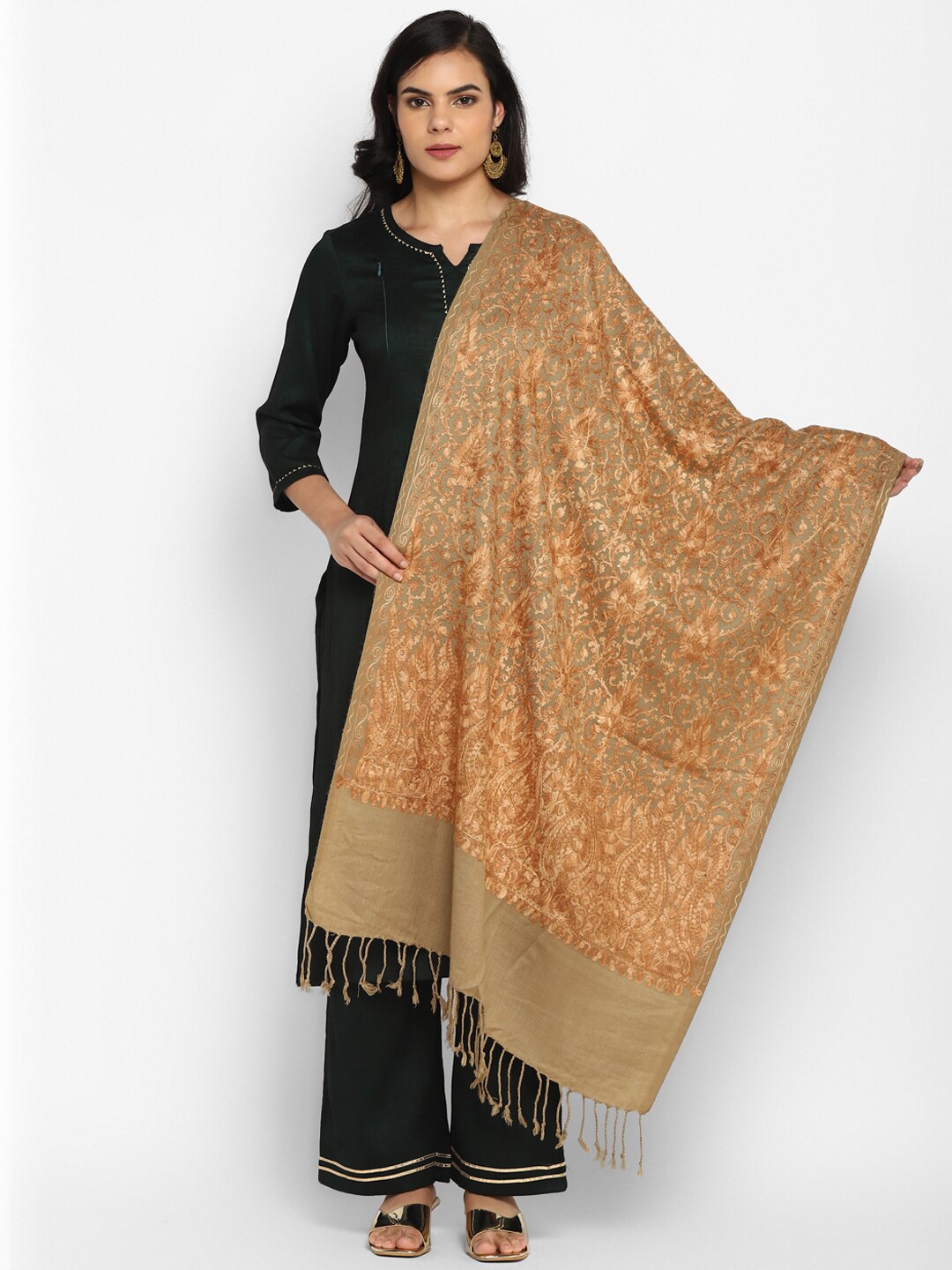 

Zamour Women Brown & Mustard Embroidered Stole