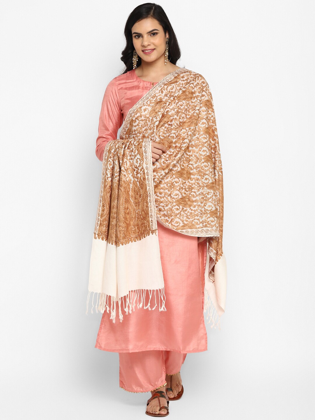 

Zamour Women White & Gold-Toned Embroidered Stole