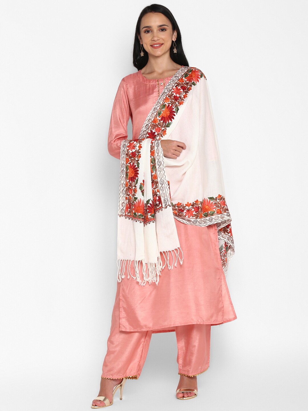 

Zamour Women White & Red Embroidered Stole