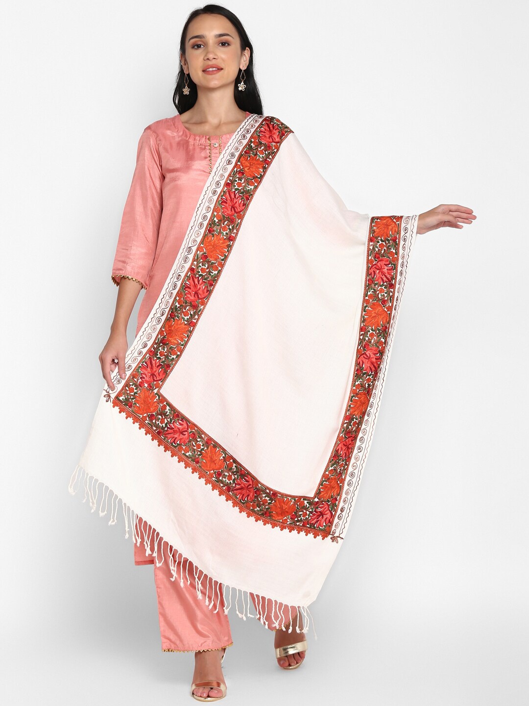 

Zamour Women White & Red Embroidered Stole