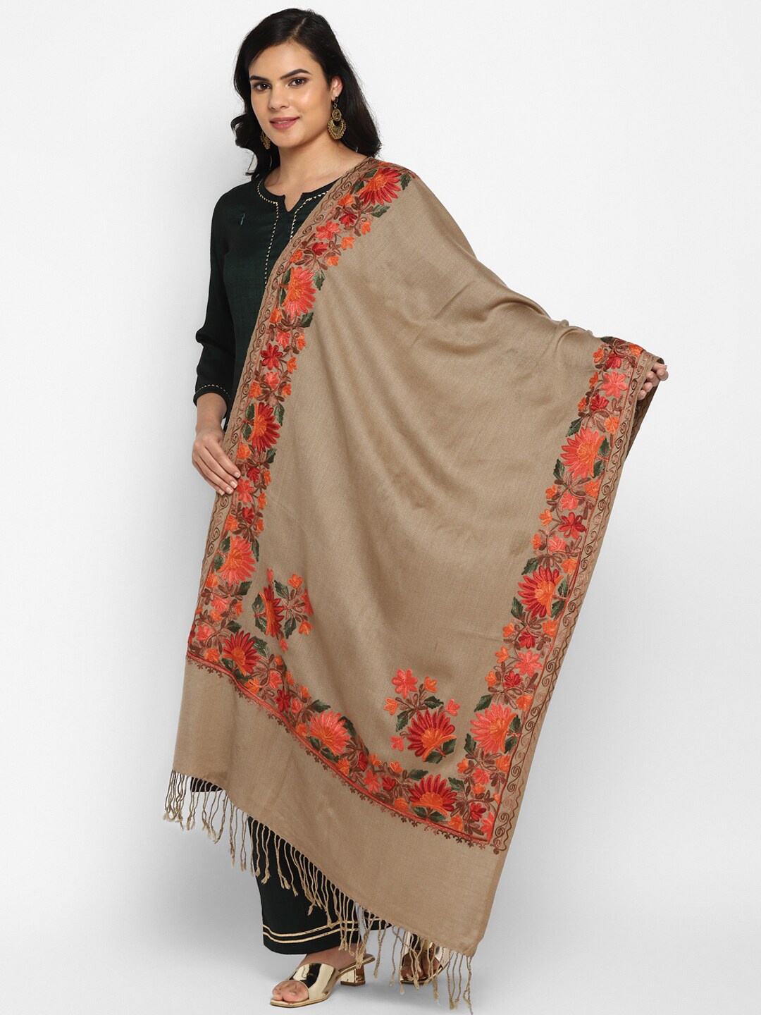 

Zamour Women Brown & Orange Embroidered Stole