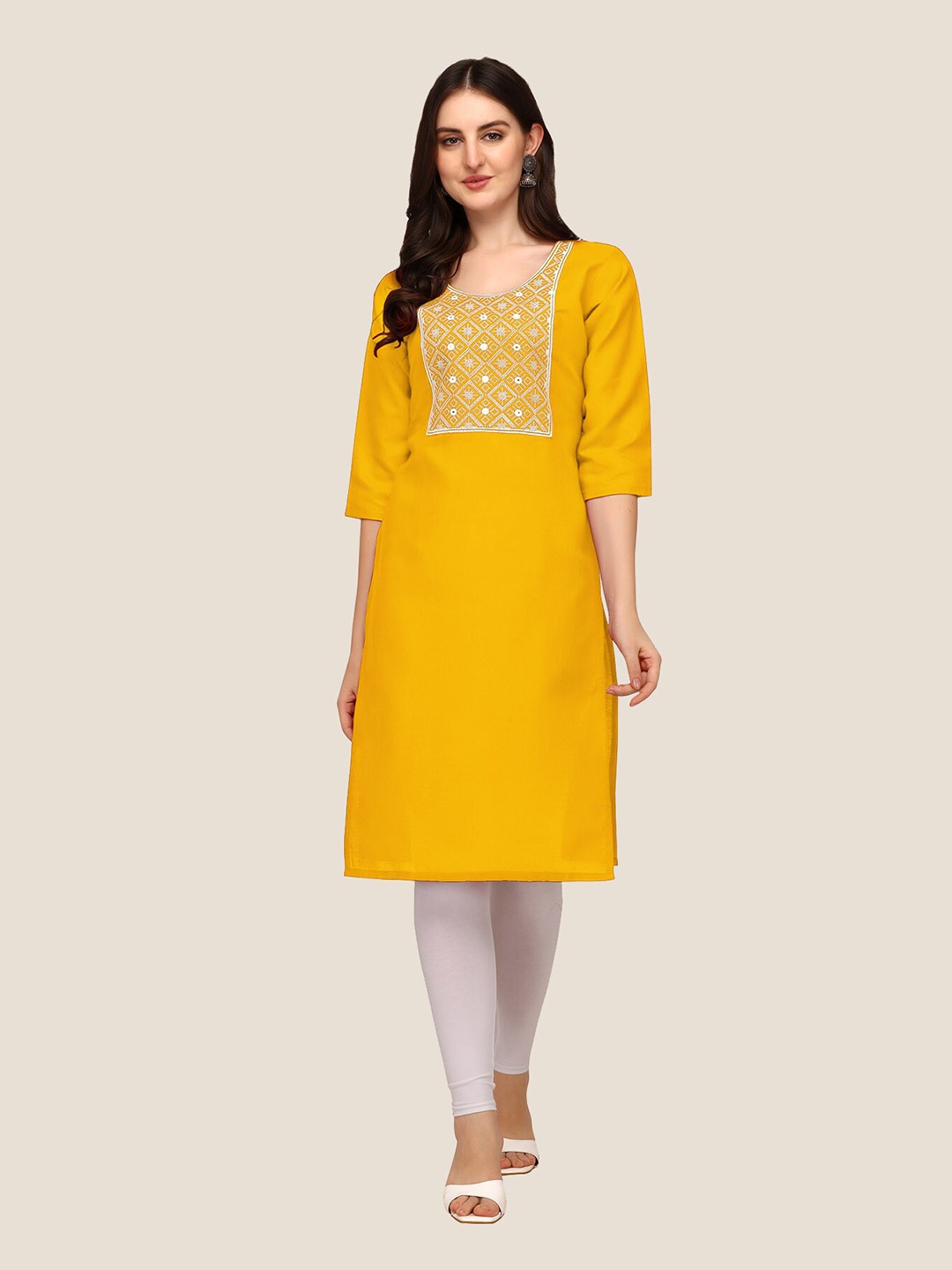 

Anjaneya Sarees Women Yellow Embroidered Kurta