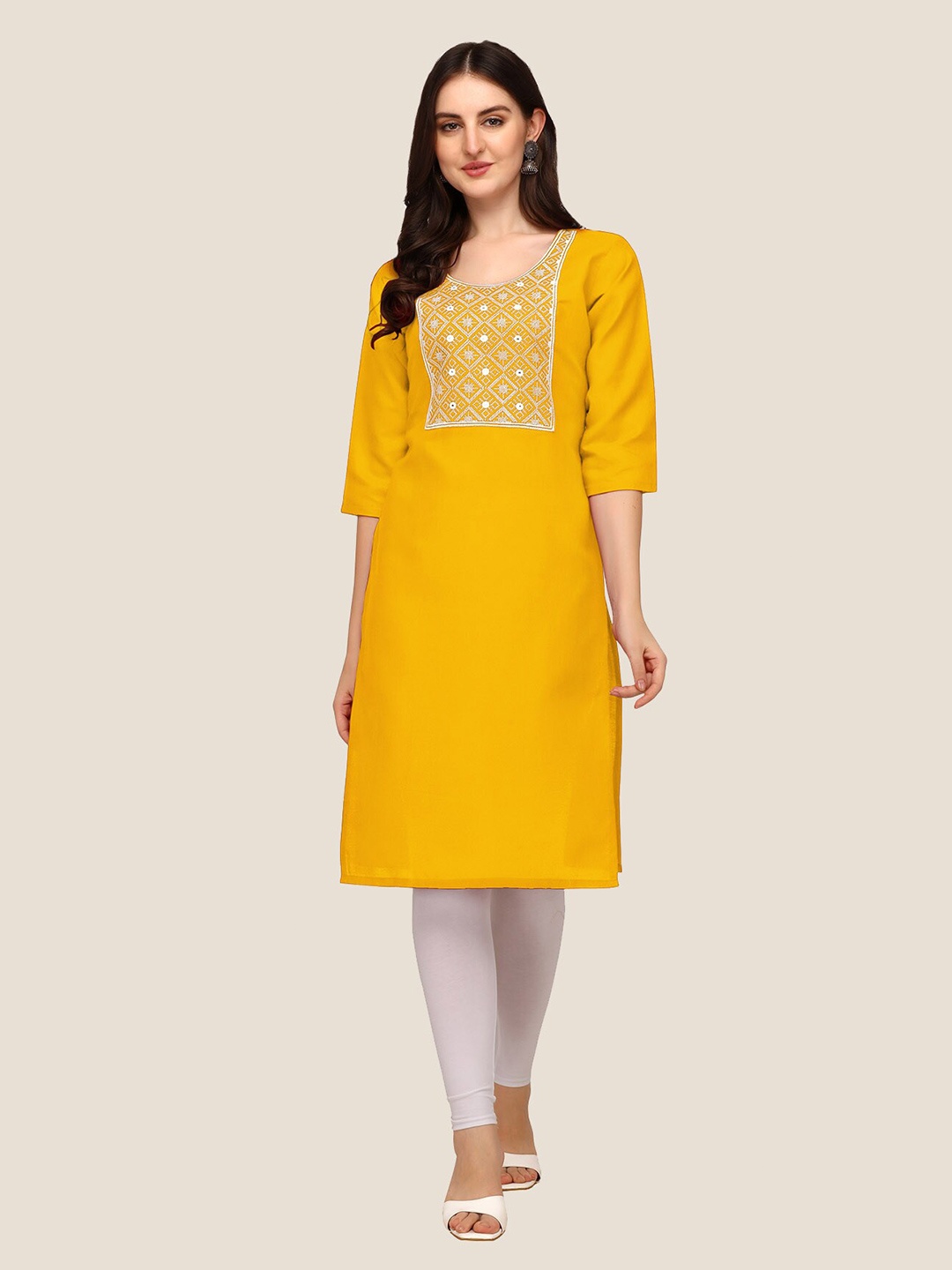 

Anjaneya Sarees Women Yellow Geometric Embroidered Kurta