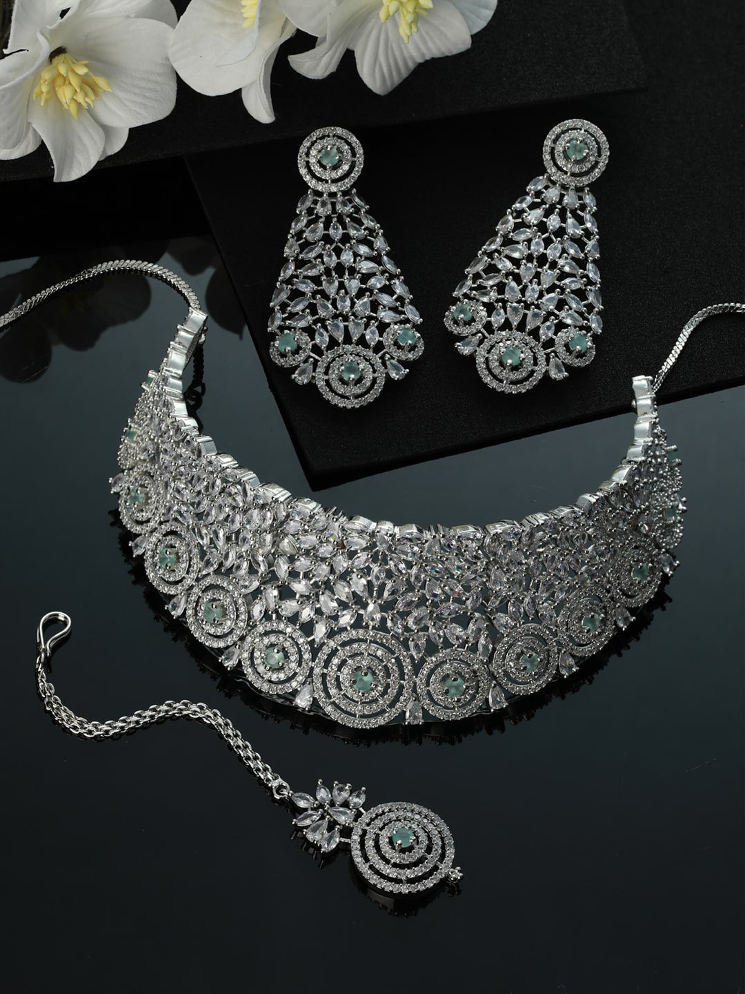 

Jazz and Sizzle Silver-Plated Pastel Green AD-Studded & Beaded Jewellery Set