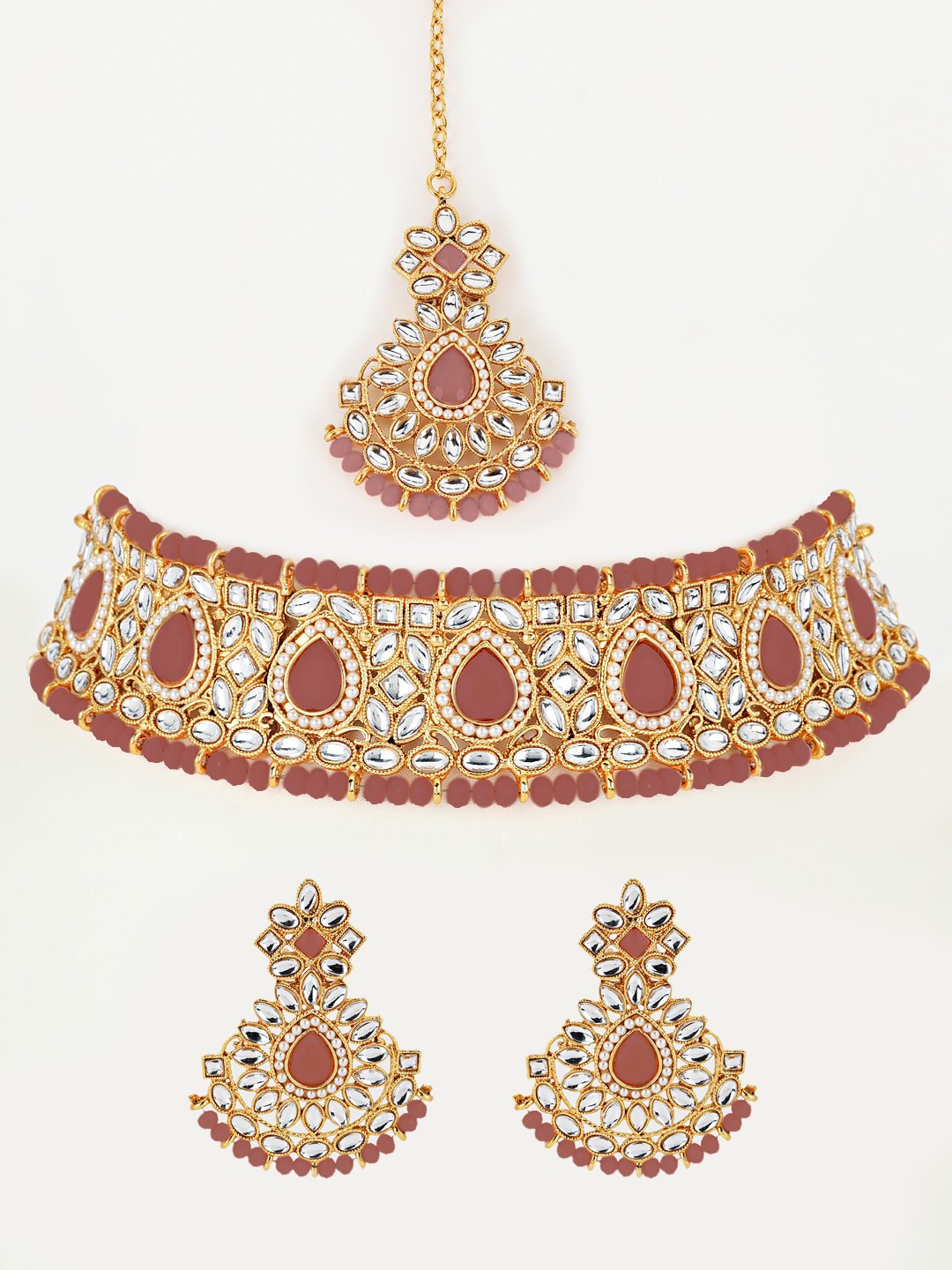 

Jazz and Sizzle Gold-Plated Pink & White Kundan-Studded Beaded Choker Jewellery Set
