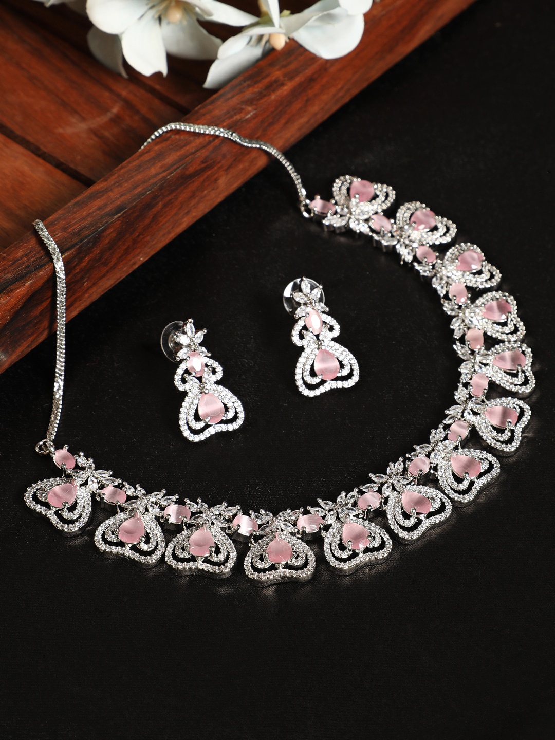 

Jazz and Sizzle Silver-Plated Silver-Toned Pink AD & CZ Studded Jewellery Set