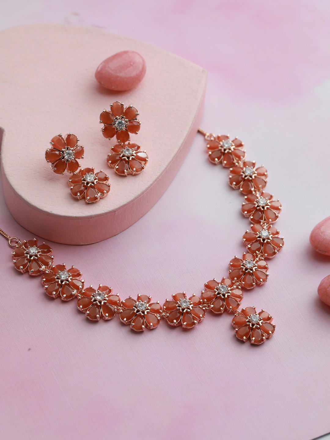 

Jazz and Sizzle Rose Gold-Plated Peach Coloured & White AD Studded Jewellery Set