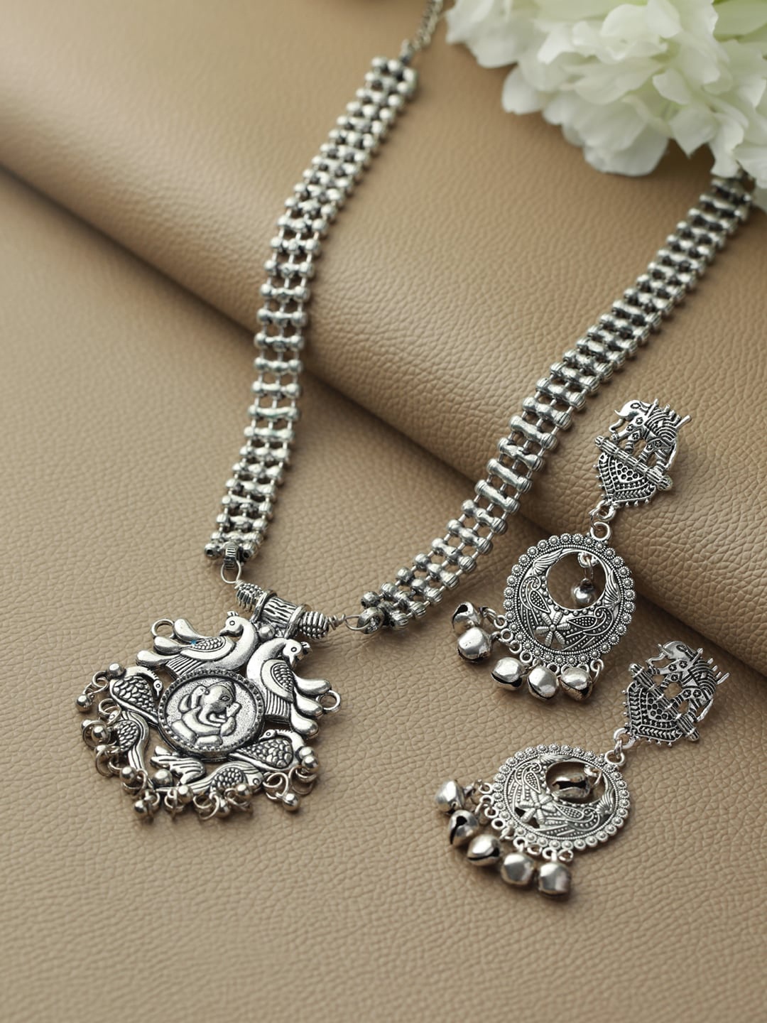

Jazz and Sizzle Silver-Plated Silver-Toned Oxidized Peacock Jewellery Set