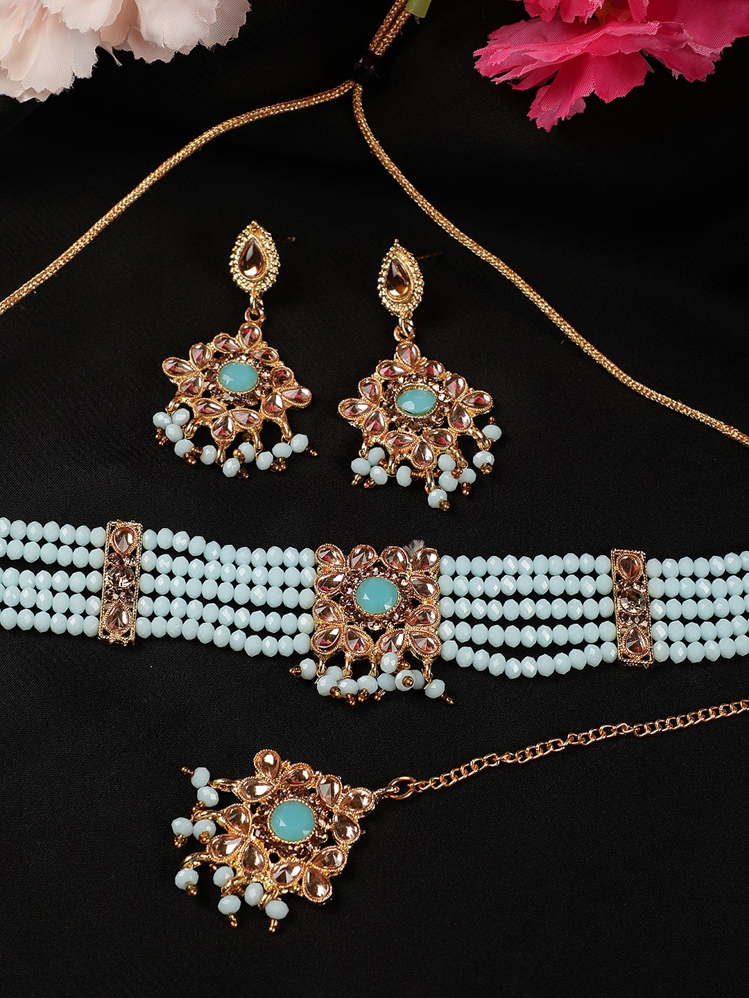 

Jazz and Sizzle Gold-Plated Blue Kundan Studded Choker Set with Maangtika