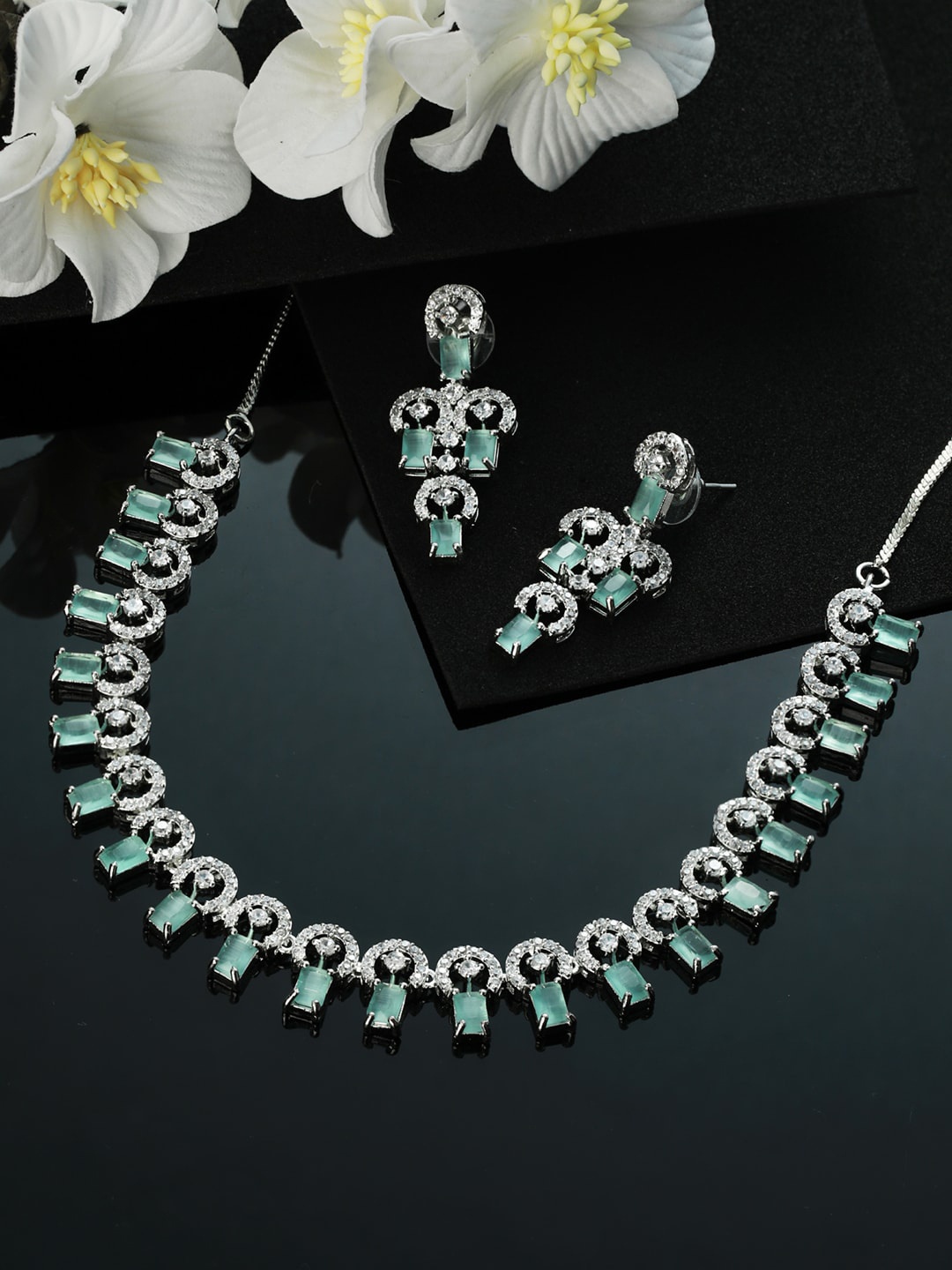 

Jazz and Sizzle Silver-Plated Pastel Green AD-Studded & Beaded Handcrafted Jewellery Set