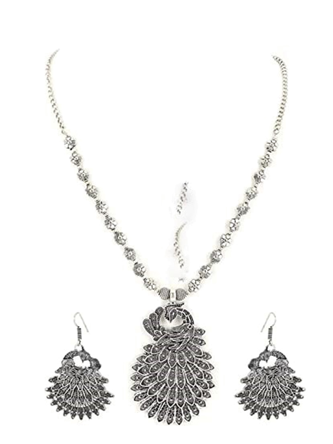 

Jazz and Sizzle Women Silver-Plated Oxidized Peacock Jewellery Set