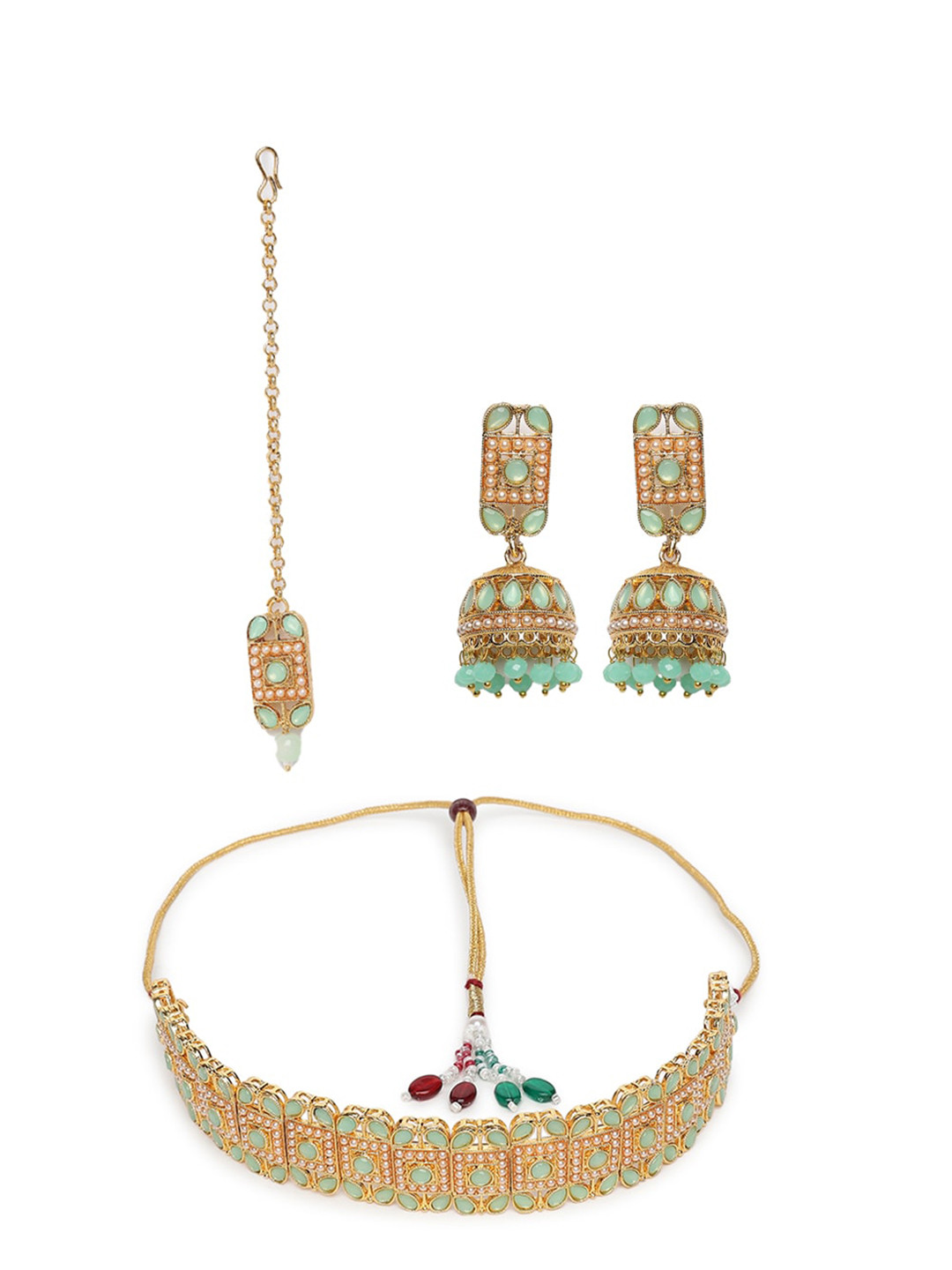 

Jazz and Sizzle Gold-Plated Green Kundan-Studded & Beaded Jewellery Set